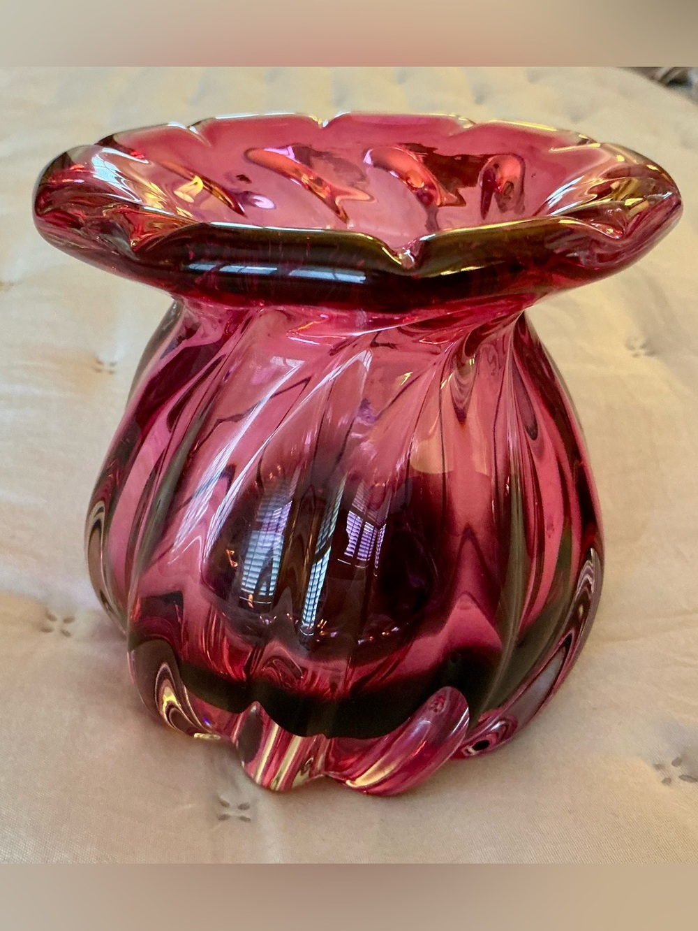 Vintage Cranberry Swirl Art Glass Vase